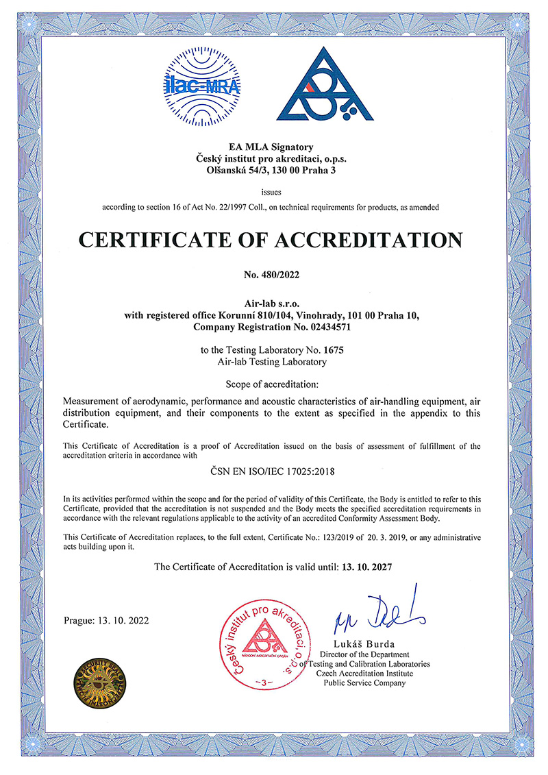 Osvědčení o akreditaci Air-Lab s.r.o.